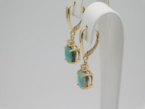 LOVELY VINTAGE 14K GOLD FIERY FIRE OPAL DOUBLET DIAMOND STONE DANGLE EARRINGS - Picture 9 of 16