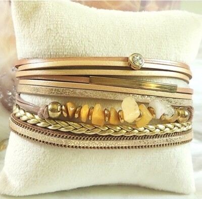 New Ryze Women's Citrine Chip Stone & Gold Vegan Leather Magnetic Wrap Bracelet