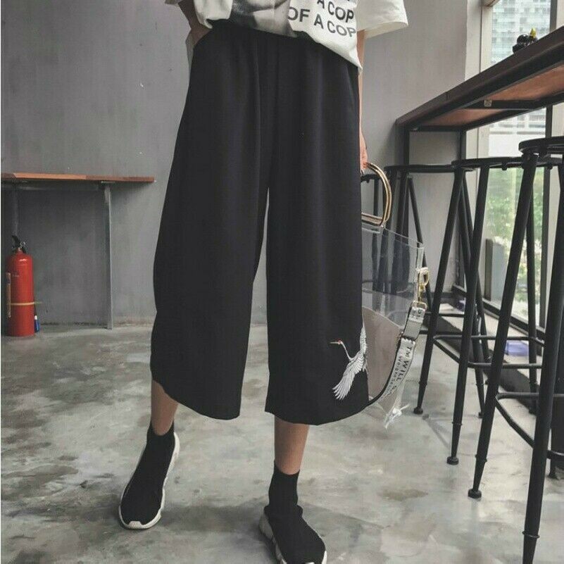 Lady Japanese Harajuku Cropped Pants Trousers Applique Crane Wide