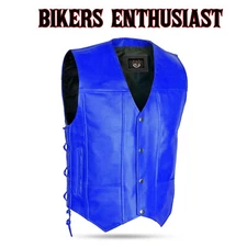 Men's Blue Leather Vest With Side Laces Motorbike Inner Motorcycle Waistcoat