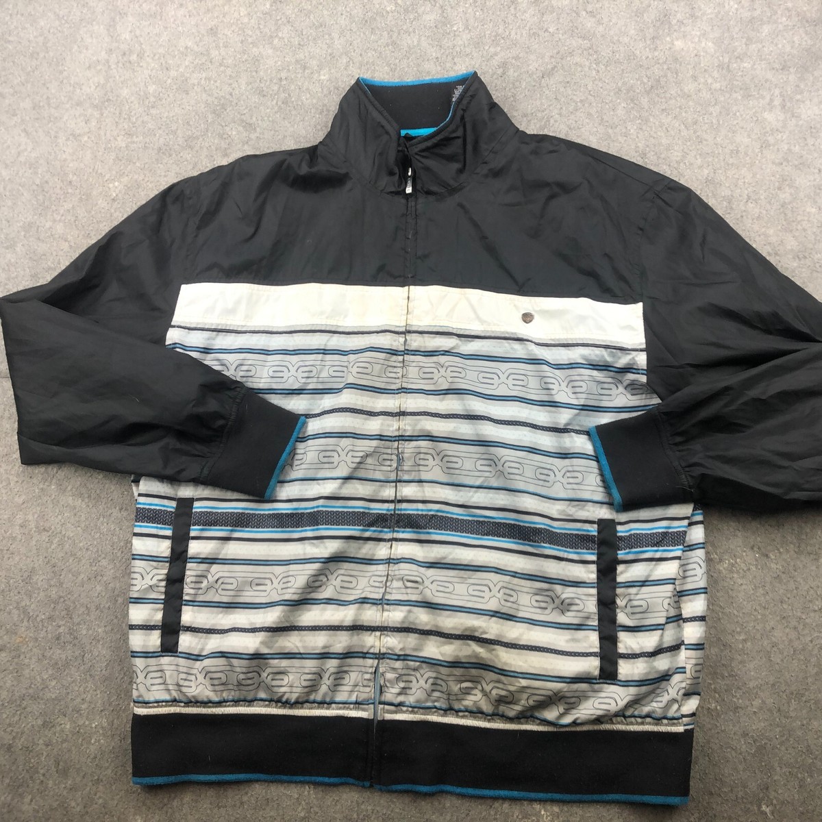 Vintage Enyce Jacket Mens 3XL Black White Blue Striped Windbreaker  