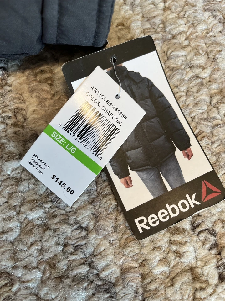 全新带标签男式 Reebok Puffer 连帽夹克颜色黑色 L 码 — 第 3/4 张图片