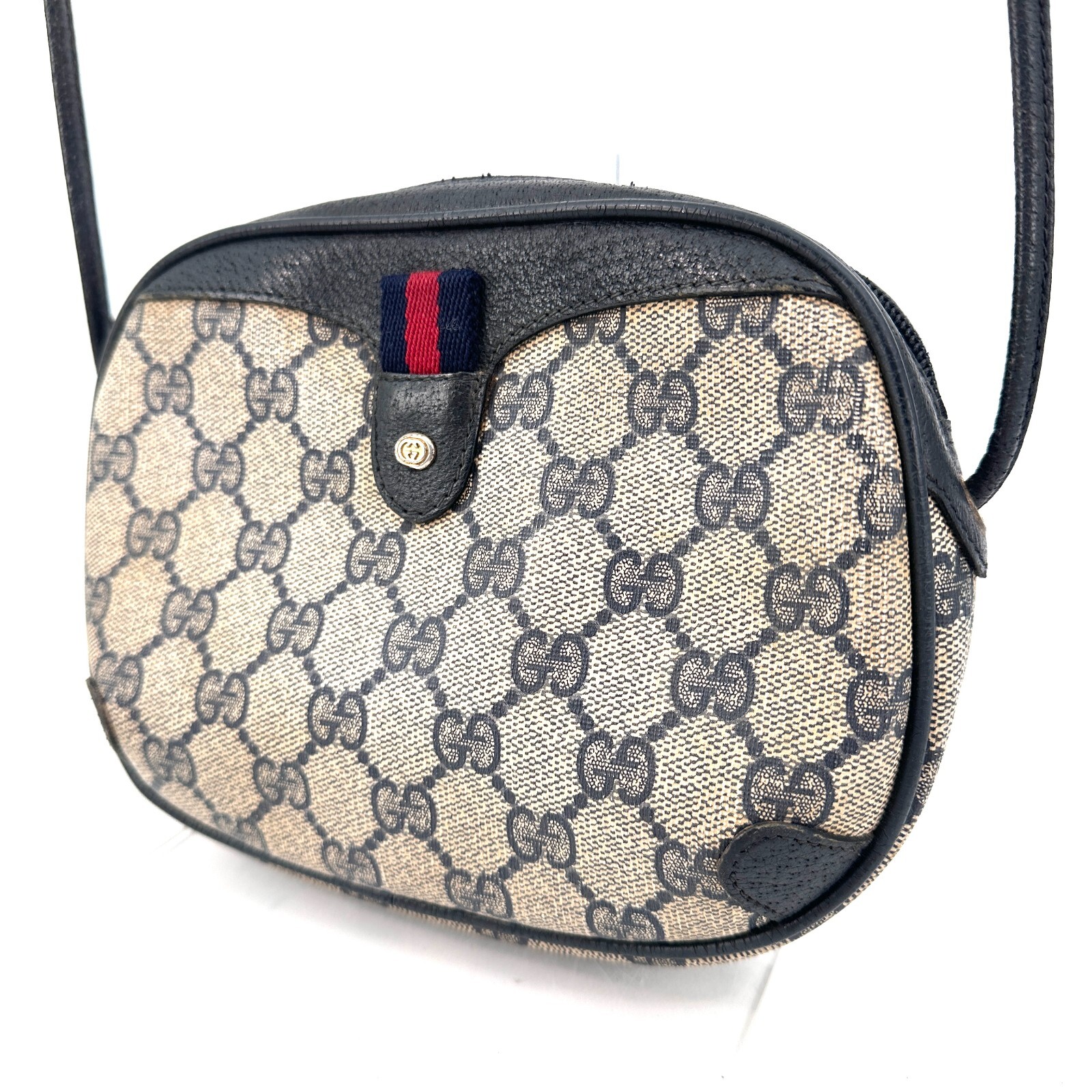 Vintage GUCCI sherry line GG pattern shoulder bag navy PVC leather authentic