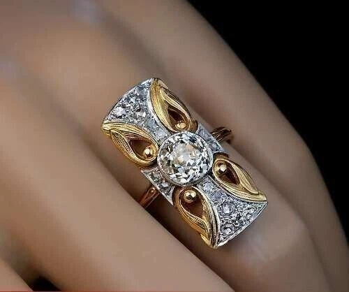 Art Deco Round Cut Lab Created Diamond Wedding 14K Yellow Gold Finish Gift Ring