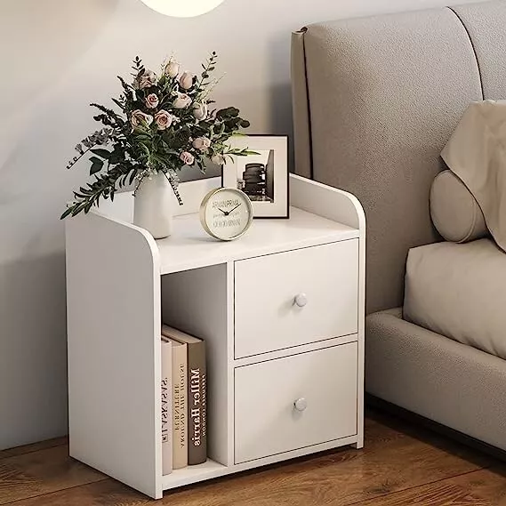 Houmpeady Nightstand Modern White Night Stand with 2 Drawers and Open Shelf