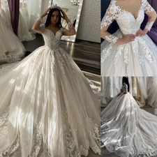 Luxury Wedding Dresses V Neck Long Sleeve Beaded Chapel Train A Line Bridal Gown