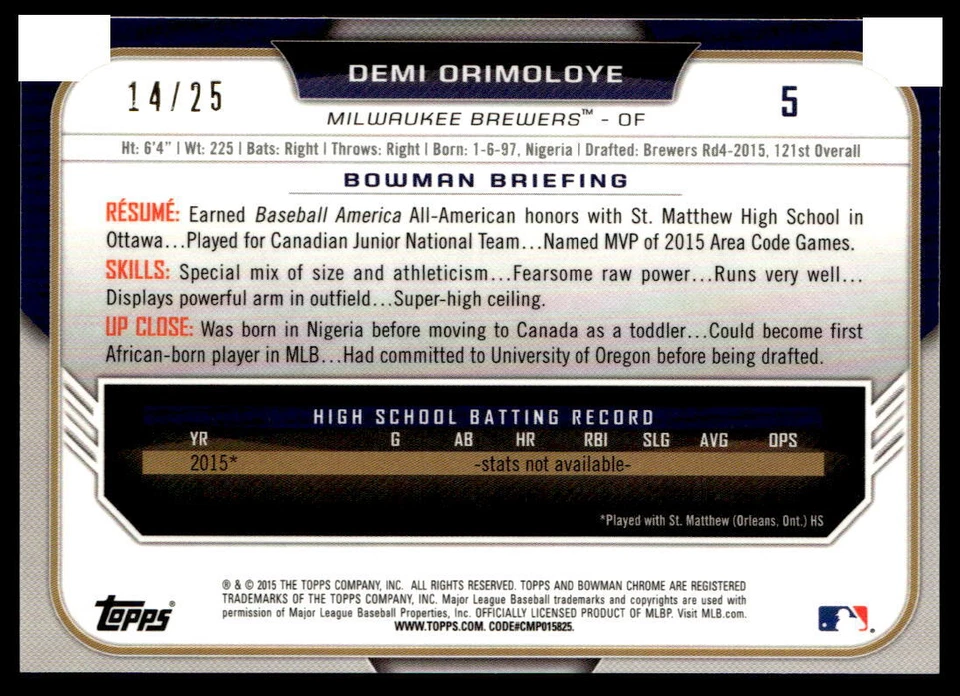 2015 Bowman Draft #5 Demi Orimoloye BASEBALL Milwaukee Brewers - Image 2 of 2