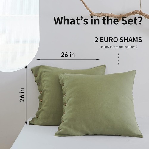Set 2 Euro Shams in lino traspirante con bottoni cocco - 26x26 verde salvia - Foto 5 di 11