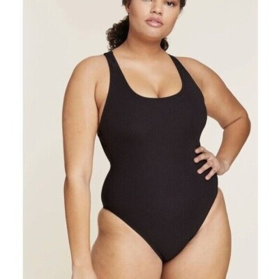 Andie Swim Tulum Rib One Piece Swimsuit Cross Straps Scoop Neck Black 2XL