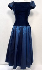 VTG 1980s CHRISTIAN DIOR Womens XS Navy Taffeta Velvet Drop Waist COCKTAIL DRESS