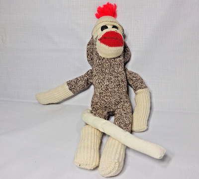Small Homemade Sock Monkey Gray Handmade Vintage Button Eyes 13 inches Tall