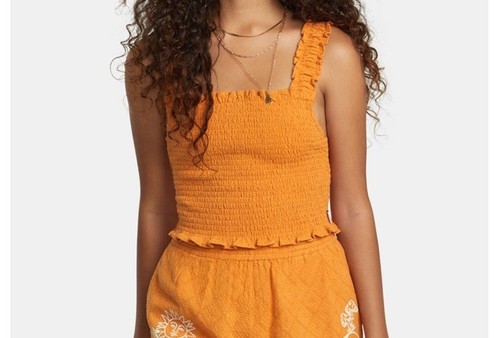 NEW MEDIUM RVCA SUMMER Orange Terrace Womens Crop Tank Top Stretch - Picture 1 of 5