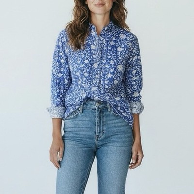 Roller Rabbit Guy Boyfriend Oversized Button Down Cotton Printed Shirt Size M