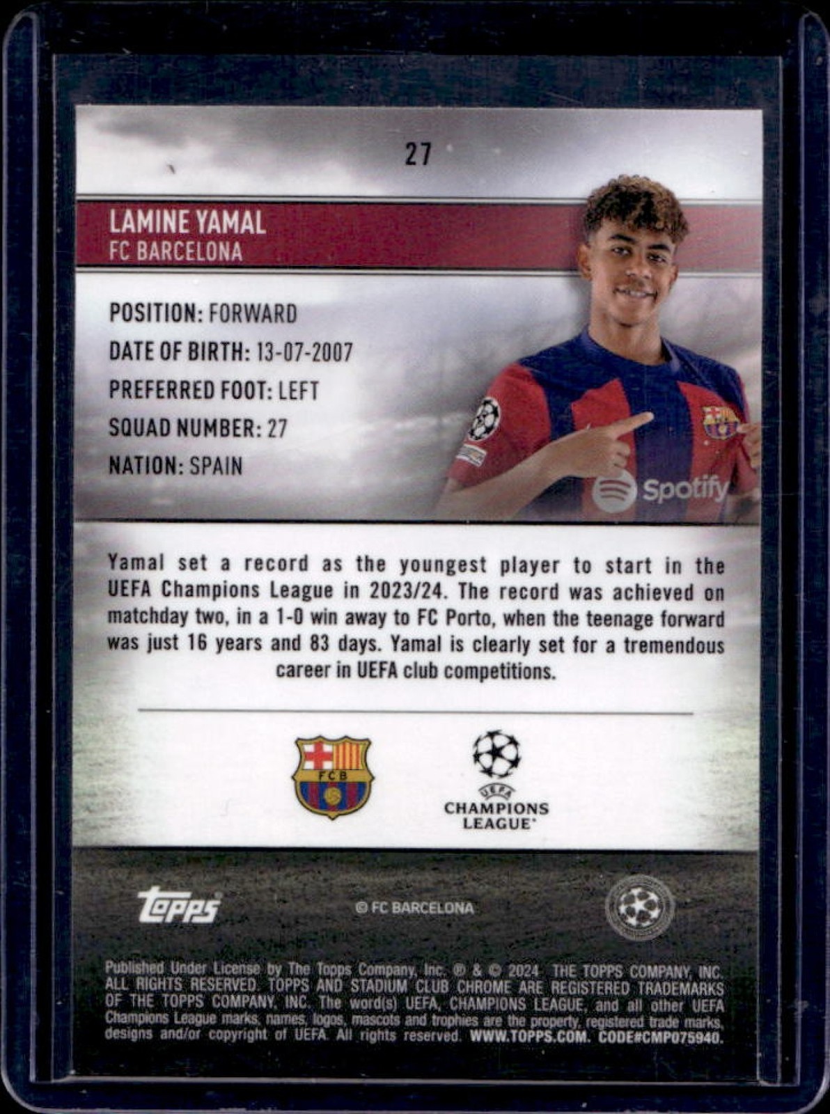 2023-24 Topps Stadium Club Chrome UEFA Lamine Yamal RC Rookie #27 Barcelona view 2