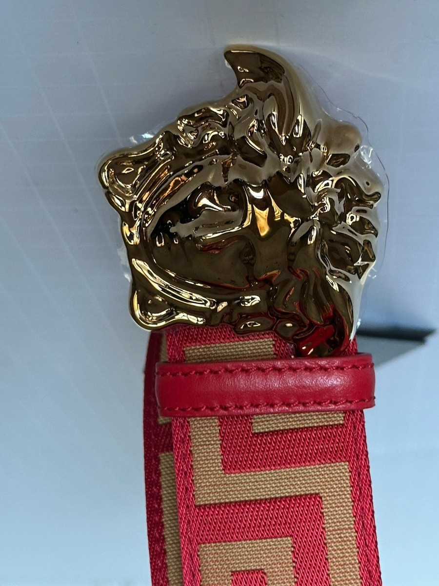 (男女兼用) 90/36 VERSACE ゴールド レザー ベルト Versace Medusa-Buckle Greca Calf Leather Red/Gold Belt 90