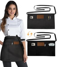 Reversible Server Apron 6 Pockets Waist Waitress Women Half Short Serving Bib