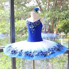 Girls Blue Ombre Ballet Tutu Dress Handmade Crystal Stage Performance Costume