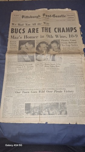 Original 14.10.1960 Pittsburgh Post Gazette World Series Zeitung Piraten gewinnen
