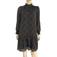 J Crew Black Polka Dot Long Sleeve Mock Neck Tiered Mini Dress Size Small
