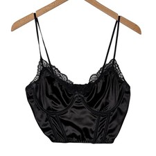 Black Satin Corset Top Women's L Lace Goth Dark Fairy Y2K Going Out Coquette