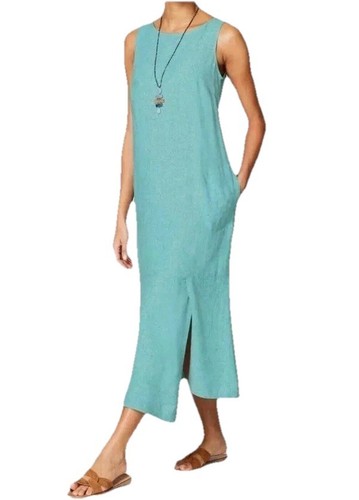 NWT Purejill Sleeveless Midi Dress Aqua Green Linen Blend Asymmetric Flowy Large