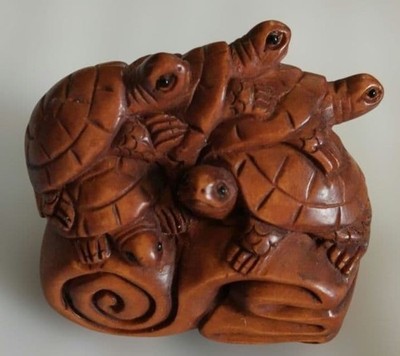 Boxwood Five Turtle Netsuke Carving Hand Carved Japan Pre-Loved Art Sculpture