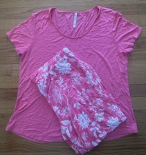 Soma Cool Nights Pajama Set Short Sleeve Crop Pants Women's L Floral Coral Pink