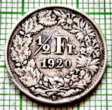 SWITZERLAND 1920 B 1/2 FRANC, Helvetia Standing 0.835 SILVER km# 23 weight 2.5g