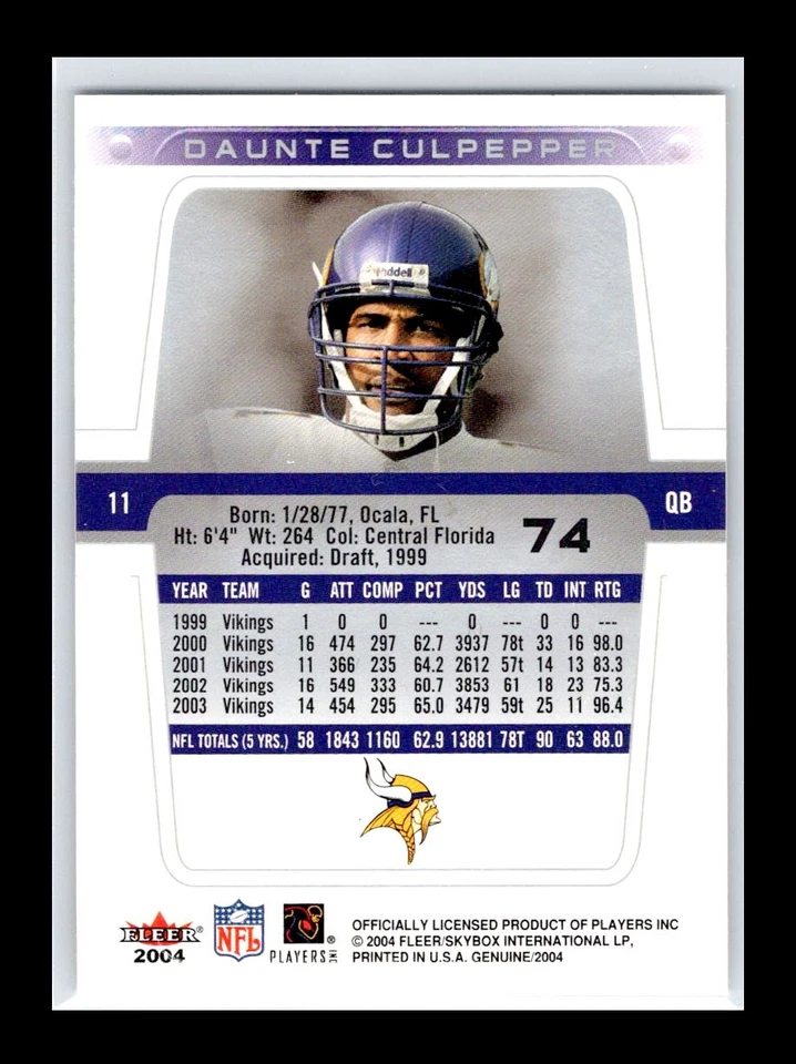 Daunte Culpepper - 2004 Fleer Genuine #74 - Minnesota Vikings - Image 2 of 2