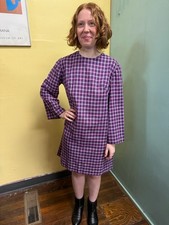 Vintage 70s Purple Plaid Cotton Blend Dress Sz M/L