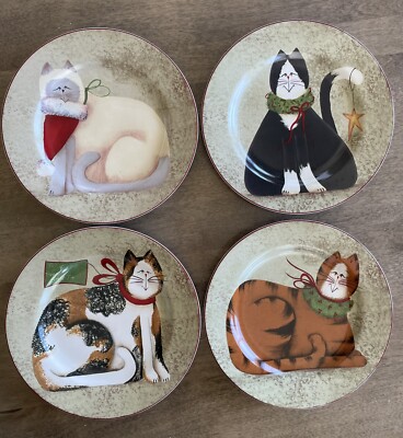 Sakura Christmas Cats Plates Set of Four Stoneware Salad Dessert 8.25 