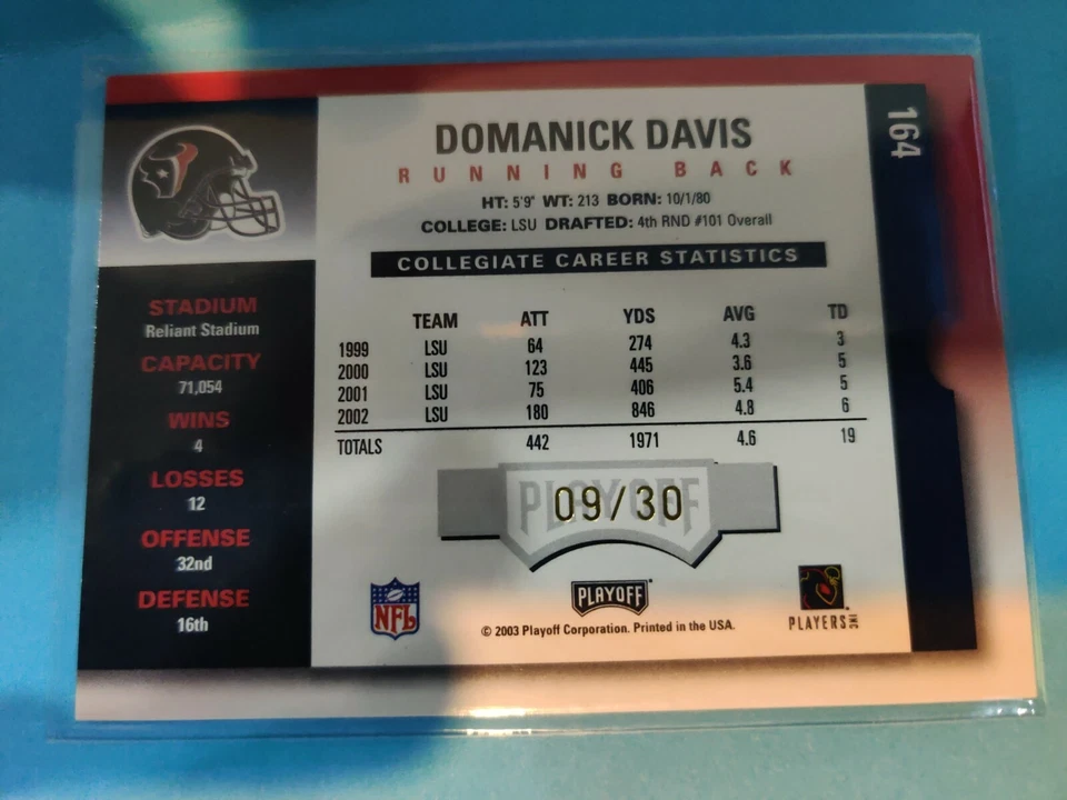 Boleto de playoffs Contenders 2003 fútbol americano Domanick Davis Playoffs RC #164 --/30 Foto 4 de 4