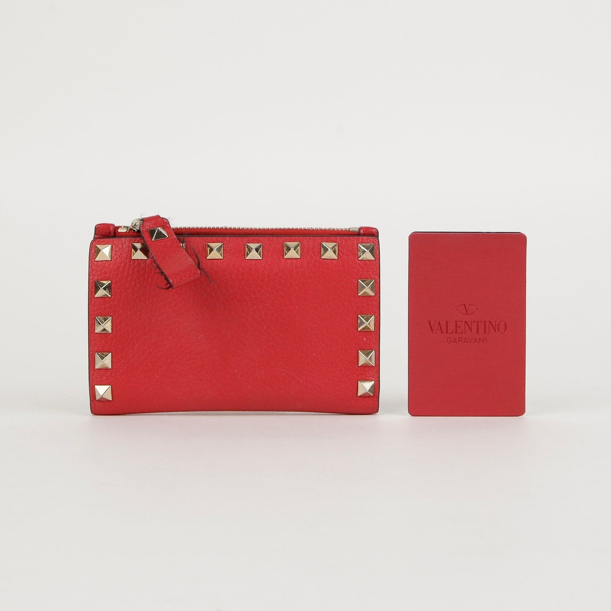 Valentino Rockstud Zip Card Case Wallet Red Leather TW2P0605