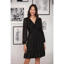 MAGGY LONDON 2 Black & Gold Chiffon Dress V-Neck Ruched Waist Long Sleeve Ruffle