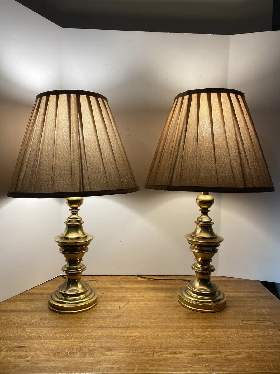 Pair 24.5” Classic Stiffel Brass Table Lamps with Pleated Shade, Finials  -Heavy!