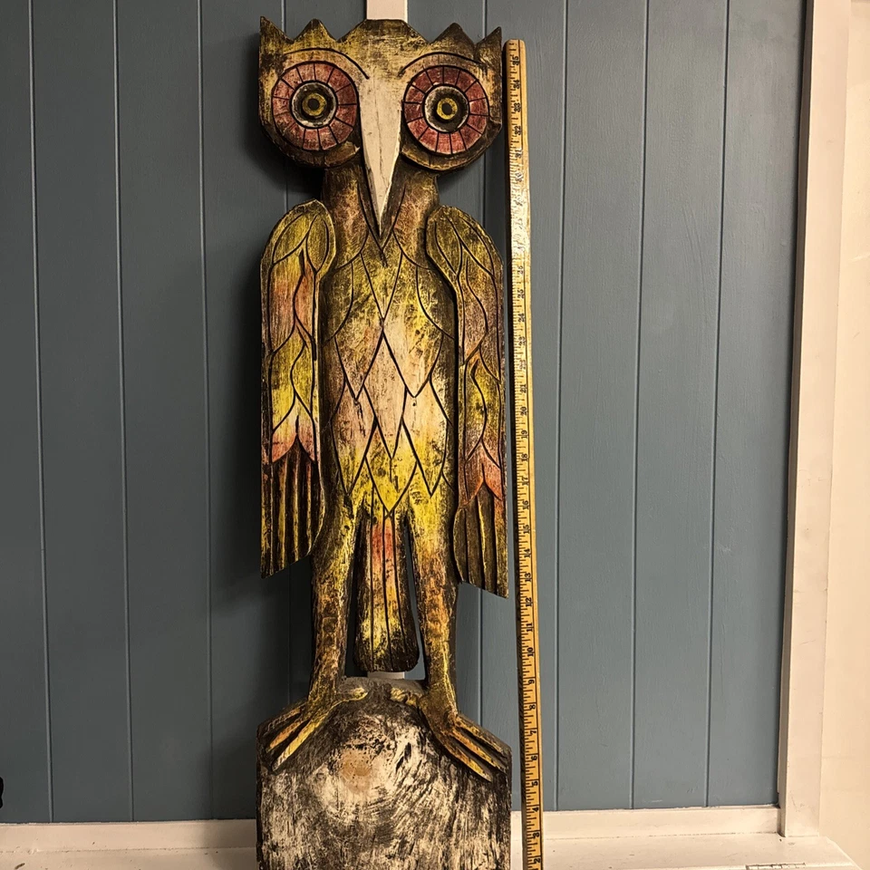 "Búho tallado y pintado a mano vintage 36"" colgante de pared decoración del hogar RARO regalo único" Foto 3 de 4