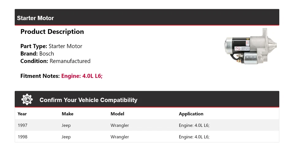 Стартер Bosch для Jeep Wrangler 4,0 л L6 1997-1998 годов выпуска (восстановленный) - Изображение 2 из 4