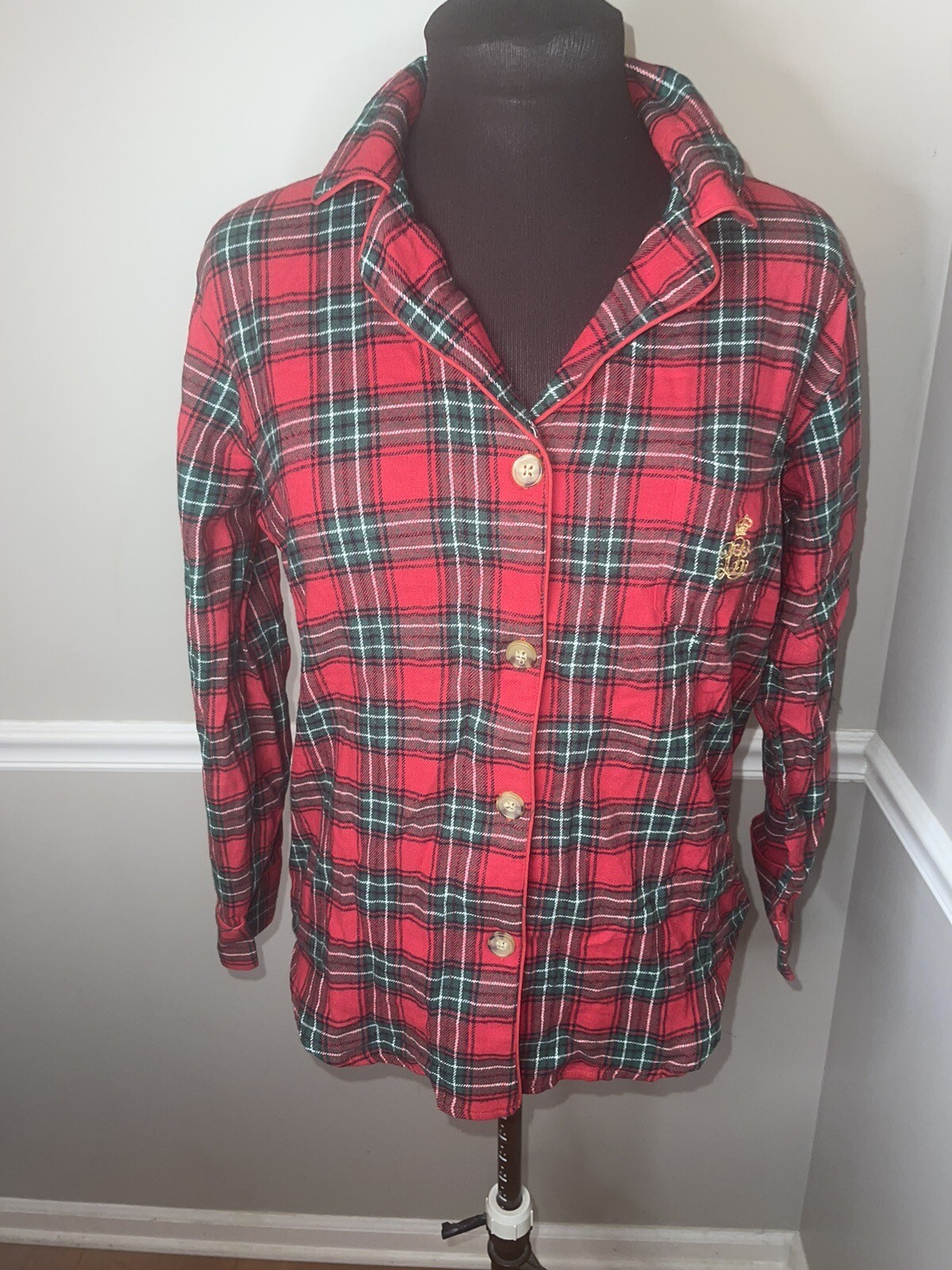 Lauren Ralph Lauren Flannel Plaid Pajama Top Womens M Red Embroidered LRL