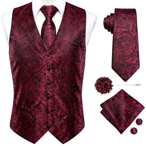 Men Vests Jacquard Waistcoat Neck Tie Hanky Cufflinks Brooch Set for Men Tie New