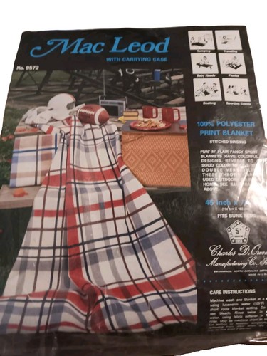 NOS Vintage Mac Leod Plaid Blanket Charles D Owen 45 x 72 Blue White Brown - Picture 9 of 9