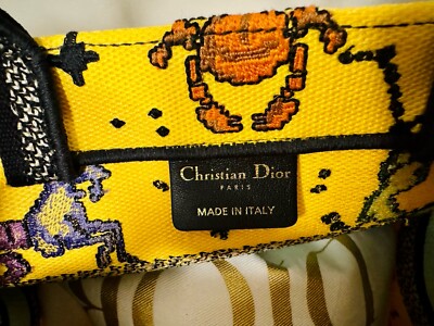 RARE Christian Dior Zodiac Pixel Tote Yellow Canvas Book Handbag