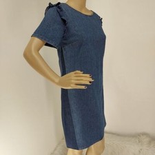 "LOFT" BLUE CHAMBRAY RUFFLED SHOULDERS SHORT SLEEVES SHIFT DRESS SIZE: S NWT
