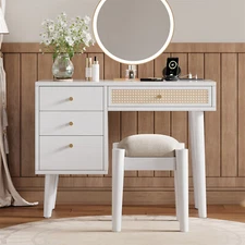 Vanity Desk Makeup Table Set Wooden Dressing Table w/ 4 Storage Drawers