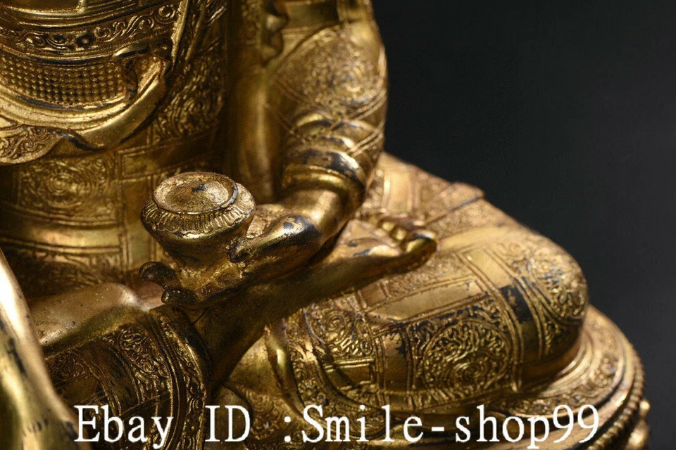 11.4" Antiguo Nepal Bronce Dorado Pintura Shakyamuni Sakyamuni Amitabha Buda Estatua Foto 4 de 4