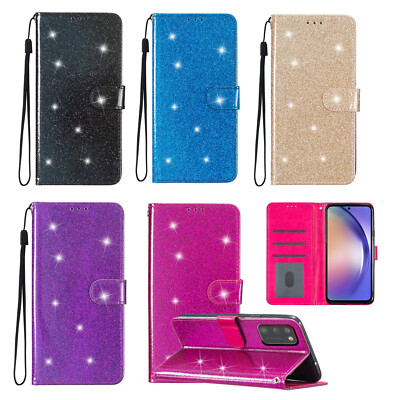 Glitzer Bling Plain PU Leder Handyhülle Schutz Tasche Book Flip Cover Case
