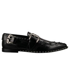 DOLCE & GABBANA Studs Crystals Leather Derby Monkstrap Shoes PARIDE Black Silver