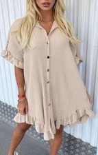 Made In Italy Frilled Pleated Holiday Shirt Dress Gold Buttons Beige One Size
