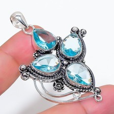 Aqua Aquamarine Gemstone Handmade 925 Sterling Silver Jewelry Pendant Size 2.6"