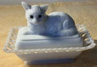 Vintage Westmoreland Milk Glass Cat with Blue Eyes on Lacy Dancing Sailor Base