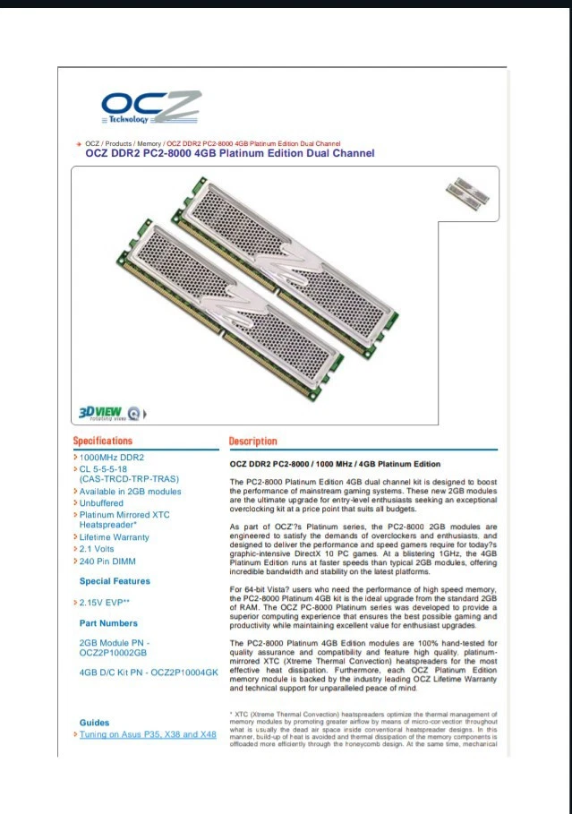 4x2GB (8GB kit) 64bit OCZ Platinum Edition DDR2-8000 1000MHz 5-5-5-18 - Image 3 of 4